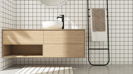 Wooden brown bathroom vanity counter, white washbasin, black faucet, mirror in sunlight on square tile wall, black grout for luxury beauty, cosmetic, skincare, toiletries product background 3D