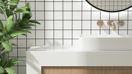 Close up of white bathroom vanity counter, washbasin, chrome faucet, mirror in sunlight on square...