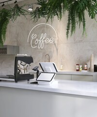 Modern design white blank screen of digital cash register, barcode scanner at cashier on white cafe...