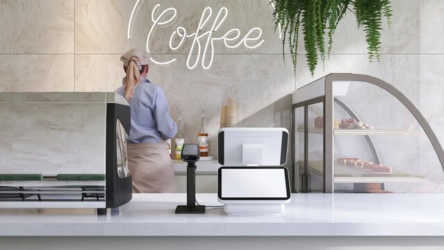 Modern design white blank screen of digital cash register, barcode scanner at cashier on white cafe counter with espresso maker machine, barista for contactless payment technology background 3D