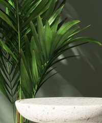 Round terrazzo white table podium, tropical palm tree in dappled sunlight on green wall for modern, luxury fashion, beauty, cosmetic, skincare, body care, product background 3D