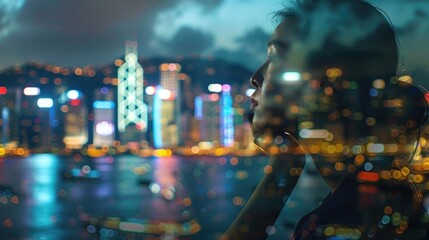 Double exposure of business woman thinking and cityscape at night, symbolizing corporate success in Hong Kong.,