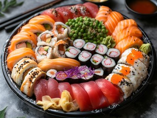 A tray of assorted sushi rolls and other sushi items. The sushi is arranged in a circular pattern, with some rolls being larger than others. The tray is placed on a countertop