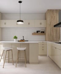 Modern, luxury kitchen with ivory cream built in cabinet, cupboard, kitchen island and white tile splashback in sunlight for interior design, product background 3D
