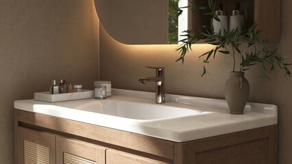 Wooden brown vanity counter, white washbasin, mirror cabinet in sunlight on wall for modern, luxury...