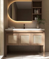 Wooden brown vanity counter, white washbasin, mirror cabinet in sunlight on wall for modern, luxury bathroom interior design decoration, product background 3D
