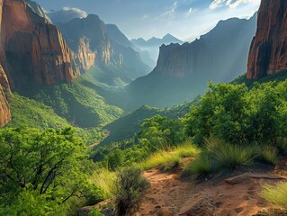 A mountain range with a lush green valley in between. The sun is shining brightly, casting a warm glow over the landscape. The scene is peaceful and serene. The vibrant green trees - Powered by Adobe