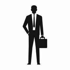a business man stand with briefcase vector silhouette, black color illustration, solid white background