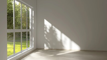 Empty room with white wall in sunlight from window, tree shadow on wood laminated floor for luxury,...