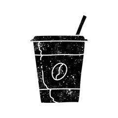 Coffee drink plastic cup with straw black hand drawn icon in grunge look