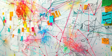 The Infinite Sea of Imagination: A whiteboard covered in doodles, sticky notes, and a colorful string map