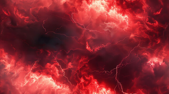 Abstract red and white cloud-like texture with lightning streaks.