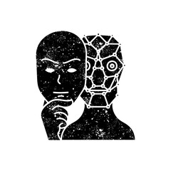 Deep fake concept robot wearing human face mask black hand drawn icon in grunge look