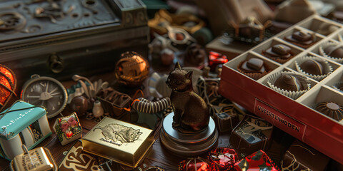 The Fractal Garden of Distractions: A chaotic arrangement of knick-knacks, a paperweight shaped like a cat, and a half-empty box of chocolates