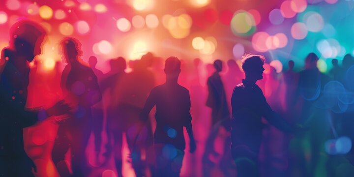 Blurred Crowd at a Party with Colorful Lights