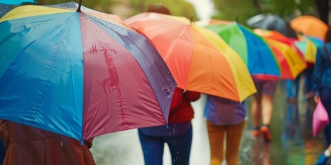 People holding colorful umbrellas in the rain