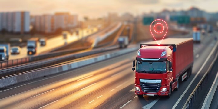 Red semi truck with a GPS location tracker on the map.