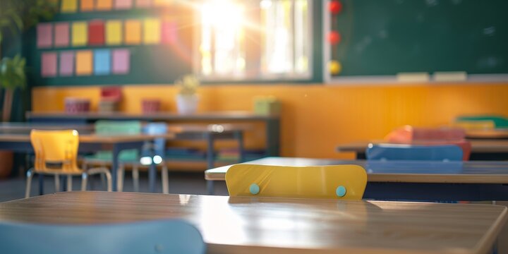 The photo shows an empty classroom with chairs and desks arranged in rows. The room is lit by a large window.