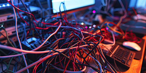 The Labyrinthine Maze of Wires: A tangle of tangled cords, connecting various devices to a messy desk