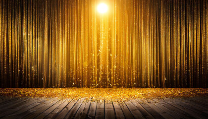 gold curtains. A spotlight illuminated by a shining stage.