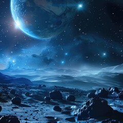 Futuristic space landscape with planet, stars and asteroid belt. Blue starry sky over earthlike alien world with glowing moons and rocks in orbit. Elements of images furnished