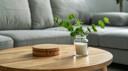 A modern living room showcases a wooden coffee table with a glass candle jar on the tabletop.