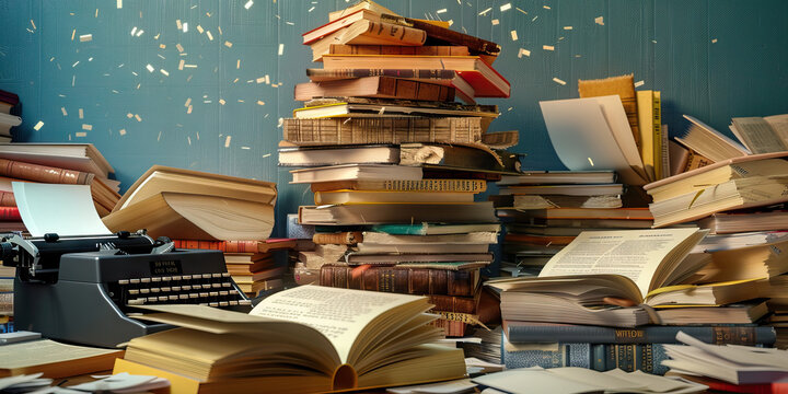 The Enigmatic Tower of Babel: A towering stack of open books, scattered papers, and an ancient typewriter