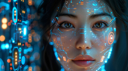 Set against a dark backdrop, a woman's face is surrounded by blue circuit lines and futuristic elements, including digital code symbols.