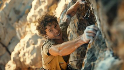 A young happy climber climbs the cliff with a smile on his face. The concept of adventure and excitement, when a man enjoys the difficult task