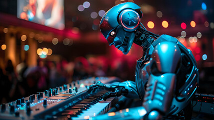 Robot Playing Synthesizer in recording studio, representing ai music
