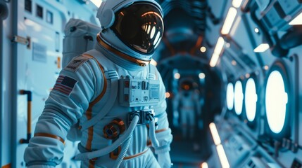 Astronaut in Retro Spacesuit at Abandoned Space Station