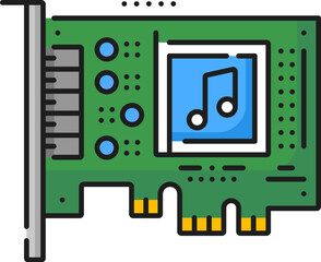 Computer sound software, PCI card color outline icon. Computer system software, user technical support or PS hardware driver testing linear vector icon or symbol with PC sound equipment or card