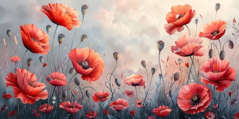 Red poppy flowers create a banner design against a white background.