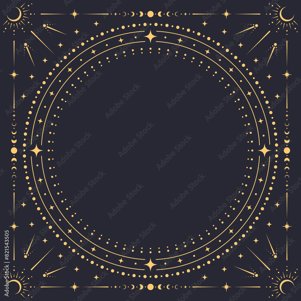 Wall mural square celestial frame. vector ornate background with concentric golden circle border adorned with s