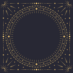 Square celestial frame. Vector ornate background with concentric golden circle border adorned with stars, moons, suns and dotted boho patterns. Ethereal, cosmic, astrology and esoteric space frame