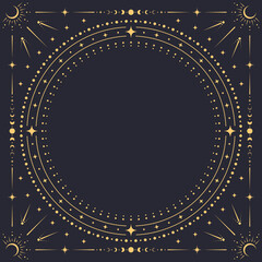 Square celestial frame. Vector ornate background with concentric golden circle border adorned with stars, moons, suns and dotted boho patterns. Ethereal, cosmic, astrology and esoteric space frame