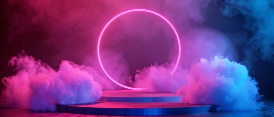An abstract neon background features a round podium and smoke.