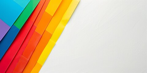 A colorful rainbow paper adorns a corner of a white backdrop in a simple, minimalist design.