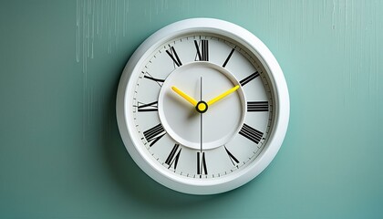 Part of white wall clock with yellow second hand hanging on wall. Close up image of plastic wall clock over turquiose blue background with copy space. Photo of time management or time is going concept