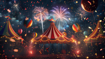 3D render of a summer festival scene with colorful fireworks, festival tent, balloons, and confetti against a night sky background with space for copy.
