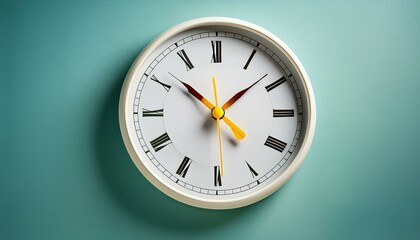 Part of white wall clock with yellow second hand hanging on wall. Close up image of plastic wall clock over turquiose blue background with copy space. Photo of time management or time is going concept