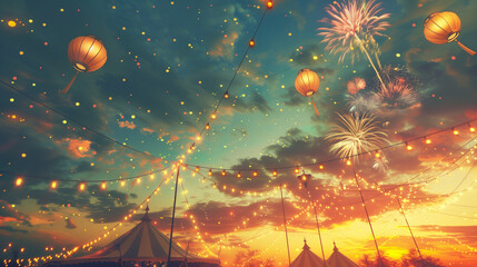 3D render of a summer festival scene with a bustling festival tent, colorful banners and flags, food stalls, and cheerful balloons against a bright daytime sky with scattered clouds and space for copy