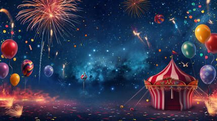 3D render of a summer festival scene with colorful fireworks, festival tent, balloons, and confetti against a night sky background with space for copy.
