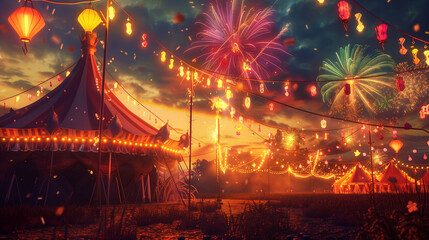 3D render of a summer festival scene with a bustling festival tent, colorful banners and flags, food stalls, and cheerful balloons against a bright daytime sky with scattered clouds and space for copy