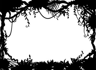 Tropical jungles frame with liana branch vines silhouette. Vector background with rainforest leaves, foliage plants, grass and trees. Paradise african forest flora, border template with tropic nature