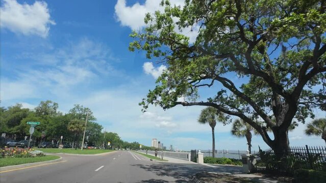 Tampa, Fl, USA: 03 31 2023: Beautiful Tampa Bayshore and bay landscape
