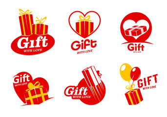 Gift box icons, birthday party surprise and Christmas present with bows, ribbons, hearts and air balloons. Vector festive package symbols, gift shop emblems, happy holiday cards, prize and award signs