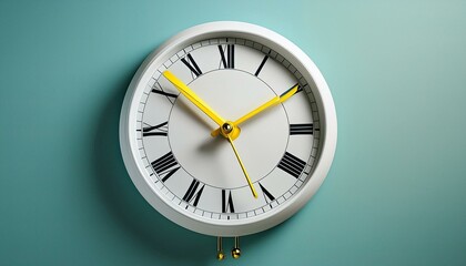 Part of white wall clock with yellow second hand hanging on wall. Close up image of plastic wall clock over turquiose blue background with copy space. Photo of time management or time is going concept