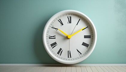 Part of white wall clock with yellow second hand hanging on wall. Close up image of plastic wall clock over turquiose blue background with copy space. Photo of time management or time is going concept