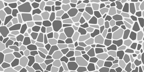 Grey gravel and pebble mosaic stone pattern with paving texture, vector seamless background. Abstract gravel tile or cobblestone pavement pattern with irregular random fragments of gray pebble stones